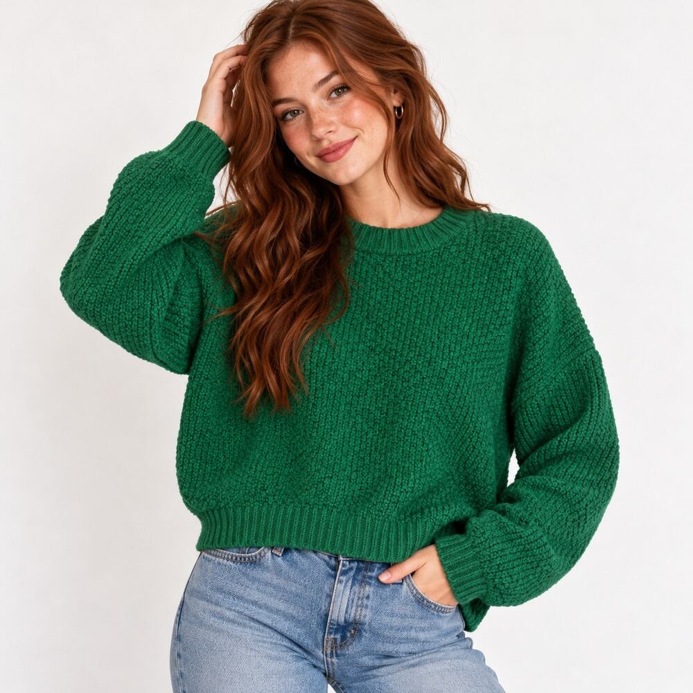 ASOS emerald Green Chunky Knit Sweater oversized  waist length women 10
